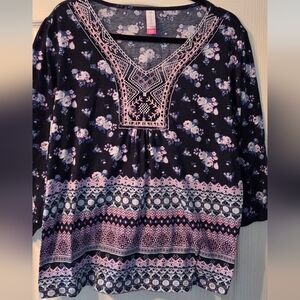 No Boundaries Floral Patterned Blouse - Dark Blue and Pink